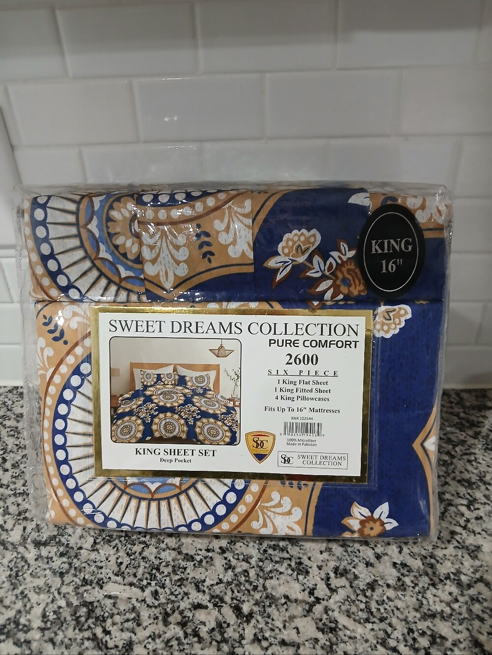 Sweet Dreams King Sheet Set - Blue & Gold Floral Pattern